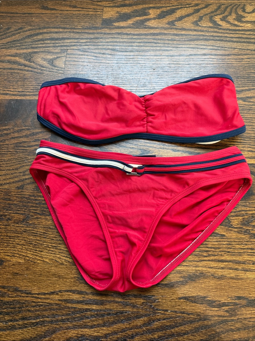 Tommy Hilfiger junior red Bandeau Bikini Set with Navy Trim top is M/bottom L